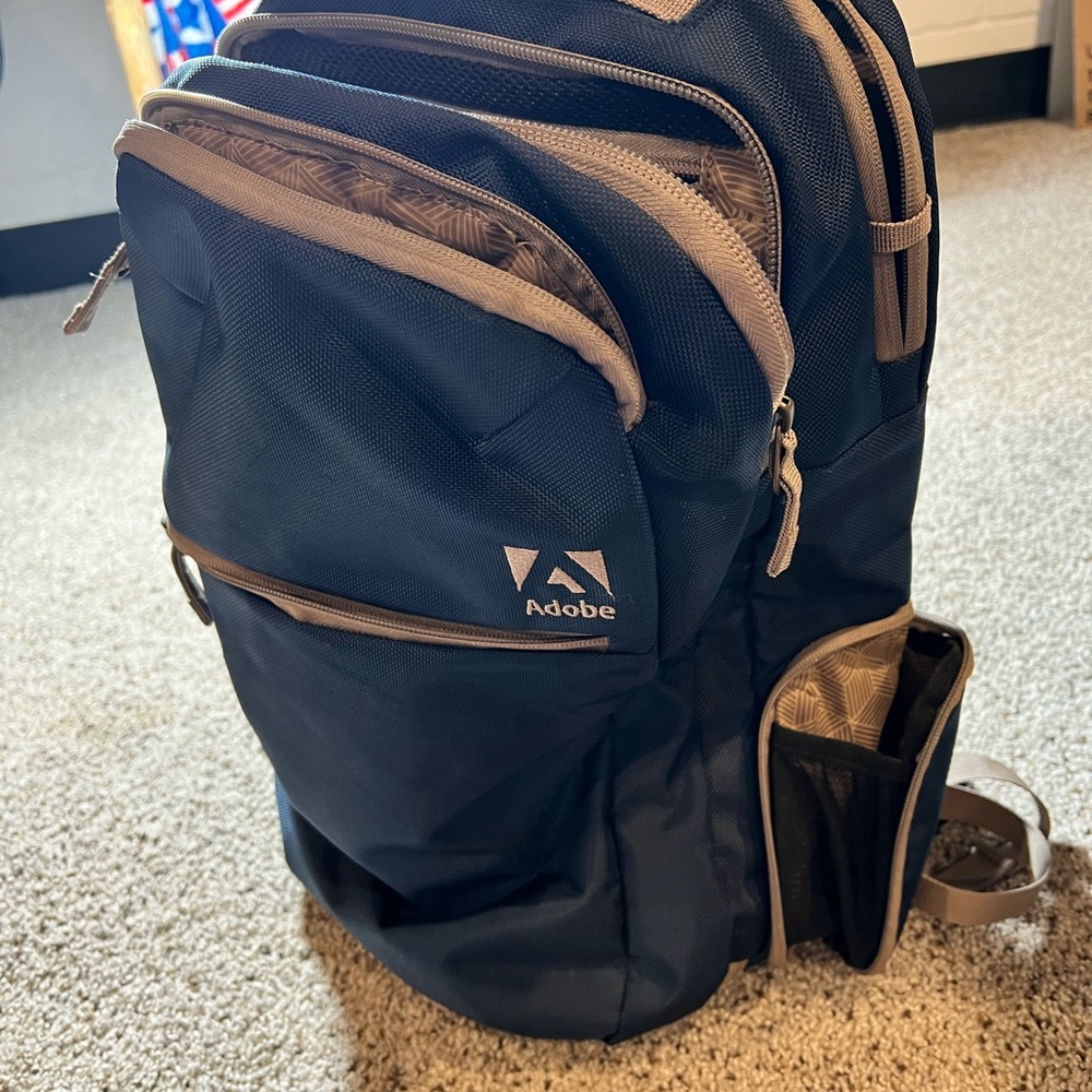 Adobe Backpack Computer Travel Bag Blue Tan Gold Padded Adjustable Pockets